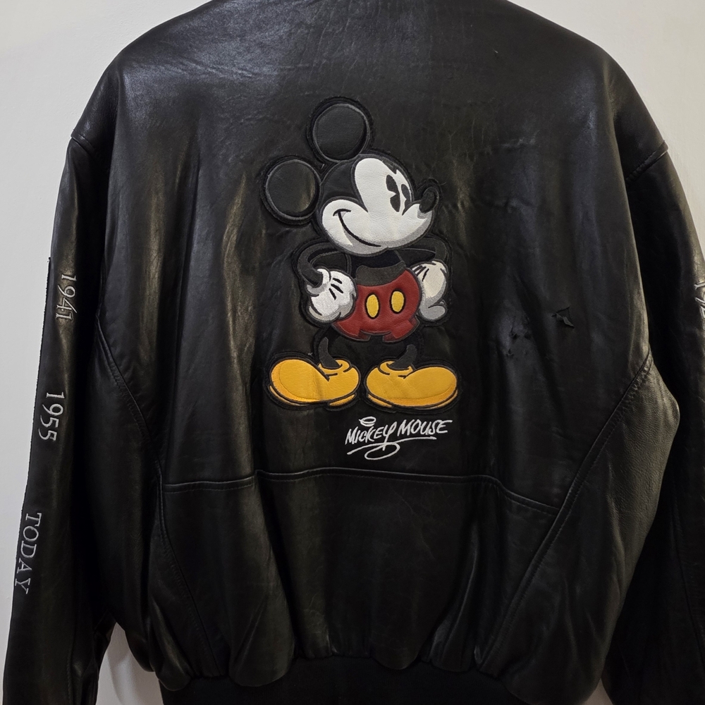 Disney Black Leather Bomber Jacket with Mickey Mouse